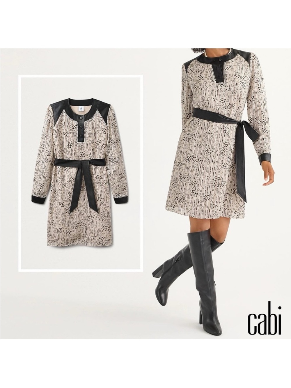 CAbi Chelsea Dress Cream and Black Printed Long-Sleeve Belted Shift Dress